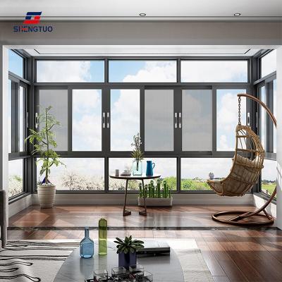 China New Design 2.5 Tracks Frame Magnetic Aluminum Glass Patio Window Villa Balcony Integrated Sliding Windows for sale