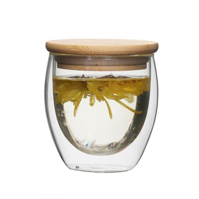 China Borosilicate Glass Cup 250ml Glass Cup Double Wall Viable Tea Glass Coffee Mug With Bamboo Lid for sale