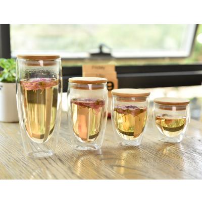 China Borosilicate Glass Cup 250ml Glass Cup Double Wall Viable Tea Glass Coffee Mug With Bamboo Lid for sale