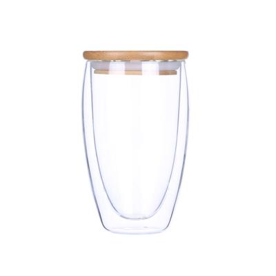 China Borosilicate Glass Cup 350ml Glass Cup Double Wall Viable Tea Glass Coffee Mug With Bamboo Lid for sale