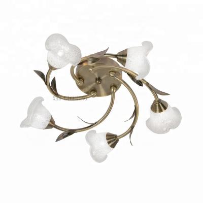 China Best Design Gold Flower Shape Glass Shades 5 Head Modern Decorative Outdoor Ceiling Mounted Lamp For Living Room for sale