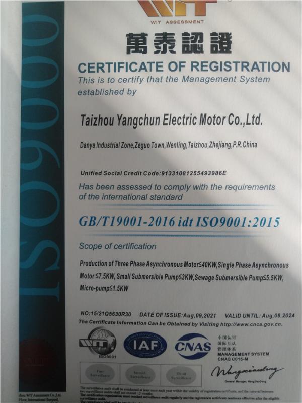 ISO9001 - Taizhou Yangchun Electric Motor Co., Ltd.