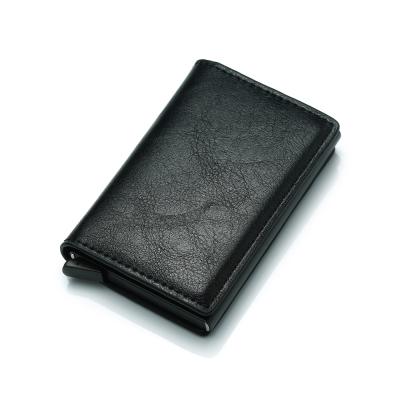 China Fashion Men's PU RFID Leather Wallet Automatic Noise Blocking Aluminum Up Credit Card Holder Case for sale