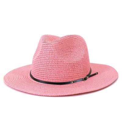 China Wholesale Picture Rose Color Picture PU Rope Flat Beach Straw Hats Summer Leather Decorative Sun Visor For Women for sale