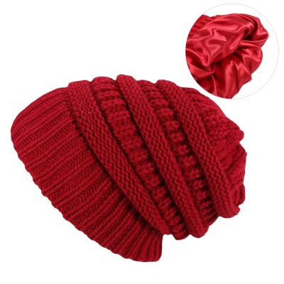 China JOINT Brand Private Label Hats Winter Hair Toque Thick Warm Chunky Satin Striping Knitted Slouchy Hat Satin Striped Skullcap for sale