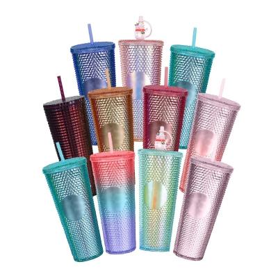 Κίνα Custom logo 700ml 24oz Wholesale Cornstyle Grid Collection Double Wall Plastic Water bottle speaker tumbler Cups with straw προς πώληση