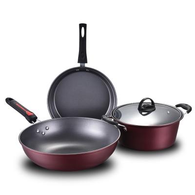 China 3 pcs Kitchen Pot Pan Set enamel iron cast cookware Desktop sets pot kitchen à venda