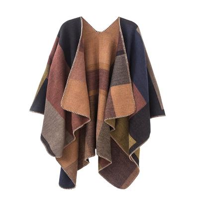 China Women's Ruana de Boho Pashmina Cardigan Poncho Cape Color Block Wrap Anti-wrinkle Long Open Reversible Design Shawl Sweater for sale