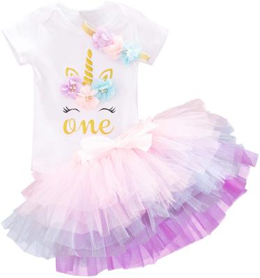 China Casual Babies 1st Birthday Unicorn T-Shirt+ Flower Headband Unicorn Outfits Set Rainbow Tutu Skirt+ for sale