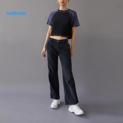 China Anti-Wrinkle MGOO Corduroy Rocket Pants Patches Custom Leather Women Washed Pants for sale