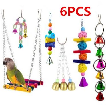 China Viable Parrot Toys Set 6 Piece Color Wooden Swing Chewing Toy Star Bell String Pet Bird Five-Tone Toys for sale