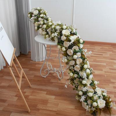 China Fashionable White Silk Wedding Decorations Flower Runners Rows Artificial Flower Table Runner Wedding Arch Floral Flower For Wedding Decoration for sale