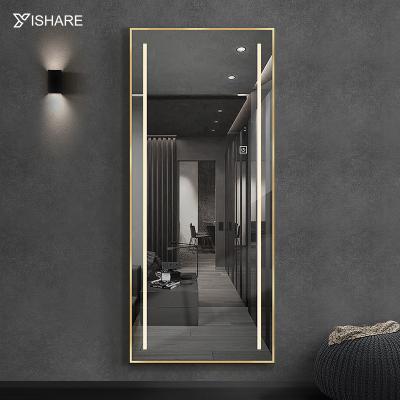 China Yishare Floor Full Body Free Standing Mirror Bedroom Illuminated Full Size Mirror With 3 Color Dimming LED Lighted Dressing Mirror for sale