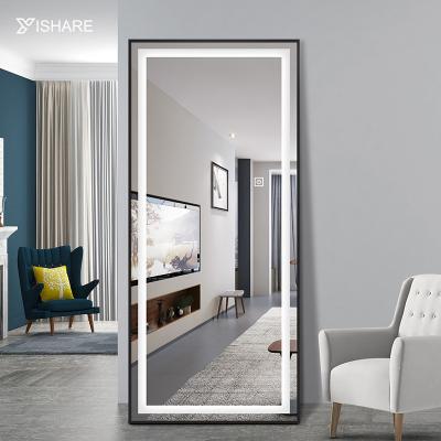 China Yishare Modern Cheap Aluminum Alloy Frame Illuminated Oversized Floor Mirrors With Stand LED Smart Wall Mounted Bedroom Tall Dressing Mirror for sale