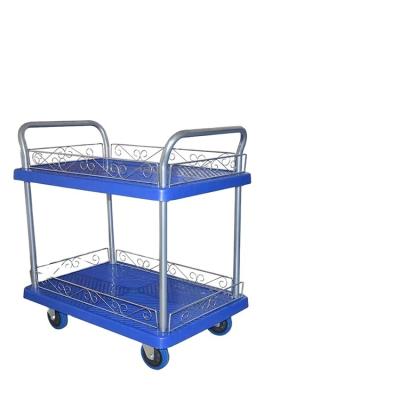 China Industrial Mobile Two Layer Plastic Platform Double Layer Machines Trolley With Wire Mesh Food Service Trolley for sale