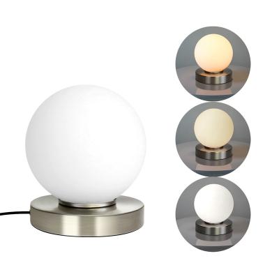 China Modern Dimmable 3 Way Small Touch Control Table Lamp with Metal Base White Opal Glass Lampshade for Bedroom Living Room for sale