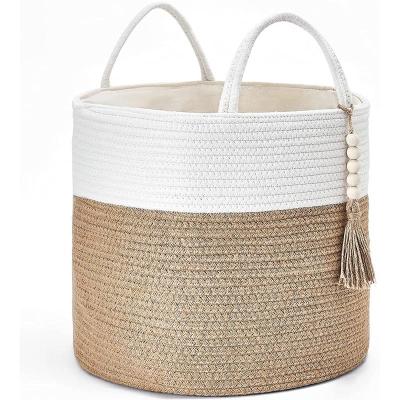 China Sustainable Decorative Natural Rope Bead Wood Decoration Toys Clothes Shoes Plant Handles Living Room Home Decor Woven Storage Basket for sale