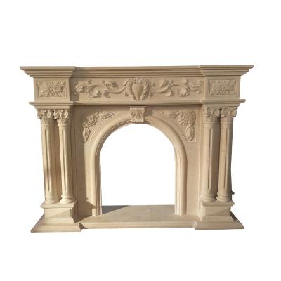 China Modern Luxury Sunny Beige Marble Frame TV Stand and Stone Electric Fireplace for sale