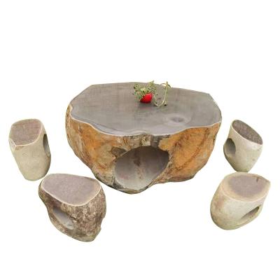 China Modern Luxury Carved Stone Terrazzo Granite Dining Table Set Chinese Stone Garden Table for sale