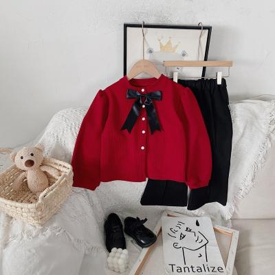 China Other Latest Autumn Spring Girls Two Piece Set Red Knitted Kids Autumn Apparel Set With Bell Bottoms for sale