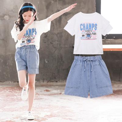 China Anti-wrinkle children's clothing 2022 summer girls clothes new arrive cute girls print shirt and denim pants girls clothes set for sale