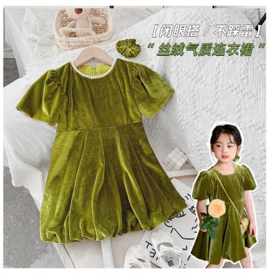 China Anti-wrinkle Children's Baby Dress With Hair Accessories Princess Dress Girls Green Velvet Dress for sale