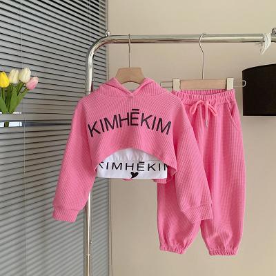 China The Other Three-Piece Set Spring New Letter Printing Girls Sweater Pants Waffle Hooded Sportswear and Autumn Children's Suit for sale