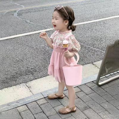 China Girls Summer New Breath Cute Floral Two Piece Sleeve Shirt Short Sleeve Top Mesh Suspender Skirt Set for sale