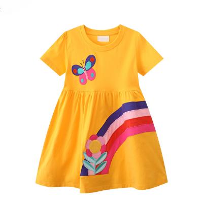 China Anti-wrinkle 2023 Summer 1-8T Girls Knitted Dress Yellow Color One-Line Dresses With Butterfly Embroider for sale