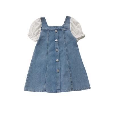 China Anti Wrinkle Summer Girl Patchwork Denim Dresses With Bubble Sleeves for sale