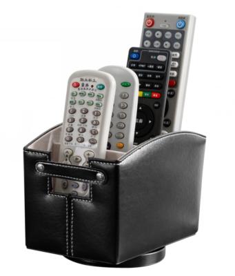 China Custom Handcrafted Viable 360 ​​Degree Rotatable Black Leather Hotel TV Remote Control Organizer PU Desk Stand for sale