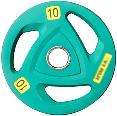 China Comfortable OEM Manufacturing Various Specifications 10 Kg Large Three Holes Grip Colorful Rubber Tri Coated 50Mm Weight Kg Gym Bumper Plate for sale