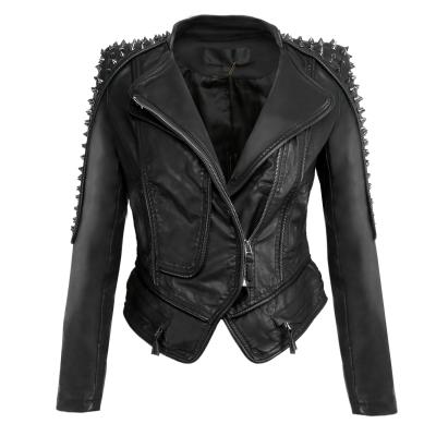 China Durable Fashion Rivet Punk Rock Motorcycle Zipper Jacket Coats Womens Ladies Leather Jacket Leather Motorcycle for sale