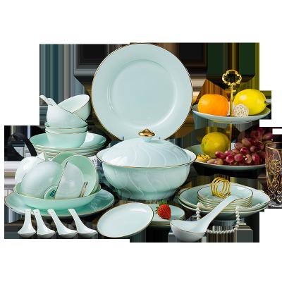 China Light Green Disposable Eco-Friendly Tableware Bone China Wholesale Take Care Of Tableware Dinner Set European Fine Bone China Dinner Service for sale