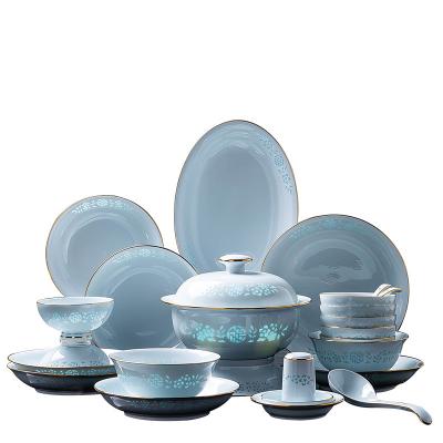 China Wholesale Disposable Hot Selling Blue Embossed Ceramic Dinnerware Set Wedding Bone China Dinner Dishes Dinnerware Set In Porcelain for sale