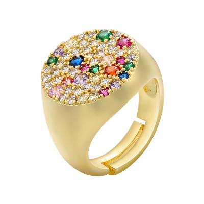 China Statement CLASSIC 18K Gold Rainbow Shiny Micro Pave CZ Zircon Ring Colorful Crystal Wide Round Open Finger Ring For Women for sale