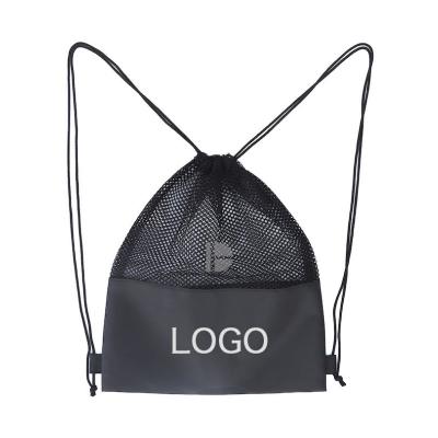 China Durable Custom Made Mesh Spliced ​​Drawstring Backpack Nylon Logo Storage Polyester Sport Kids Bag Fashion for sale