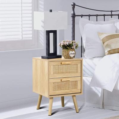 China Adjustable (other) Wooden Nightstand Sofa Side End Table with Rattan Door, Storage Shelf and Steel Legs, Bedside Cabinet Coffee for sale