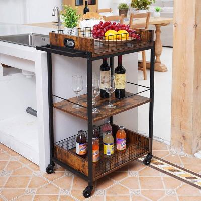 China PANEL Home bar cart 3 level wooden kitchen Trolley with wheels and handles Industrial vintage style serving cart with removable top for sale