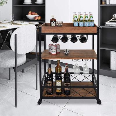 China PANEL Industrial kitchen table cart 3-level storage rack Kitchen island car with wine glass holder handle holder to lock casters for sale