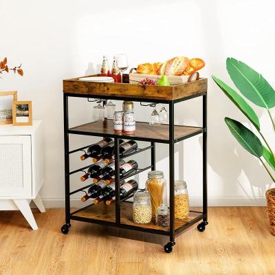 China PANEL Mobile Bar Serving Industrial Rolling Island Cart, Wood Home Utility Cart, Kitchen Trolley Stand with Glasses Holder 9 for sale