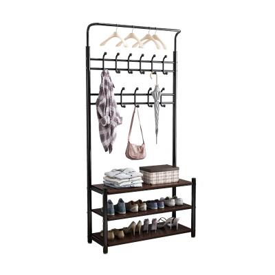 China Convertible Free Standing Closet Wood And Metal Garment Rack With Shelves And Hanging Open Rod Clothes Storage Wardrobe for sale