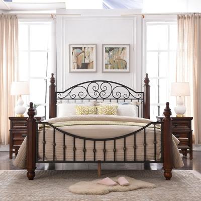 China Modern Luxury American Style Durable Single Double Bed Metal Bed Frame Bedstead With Beech Headboard for sale