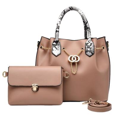 China Cheap Fashion PU Leather Metal Chain Women Tote 2 Pcs Set Handbags Cross - Body Shoulder Large Handbags For Ladies for sale