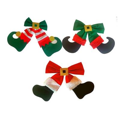 China HC121192 Fashion Christmas Santa And Elf Legs Velvet Large Bows Glitter Christmas Elft Stocking Bow For Garland for sale