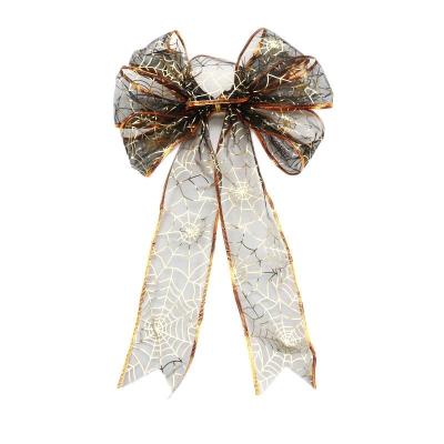 China Halloween Decoration Custom Pre-made Halloween Decorations Black Cobweb Organza Ribbon Outdoor Hangers for sale