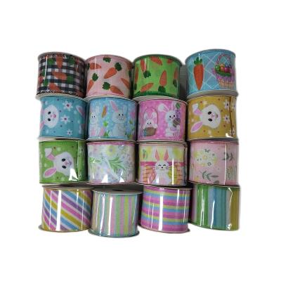 China HC521025 Wholesale Cute Christmas Decoration Easter Canvas Wired Edge 2.5 Inch Easter Ribbon Craft Roll Wired for sale