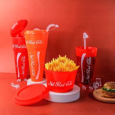 China Wholesale PET bottle/PE lid/PP straw/PVC head logo and pattern Customizable Blttles Party Coke Snacks Cold Plastic Drinks 1200ml Soggy Cups With Lids And Straw for sale