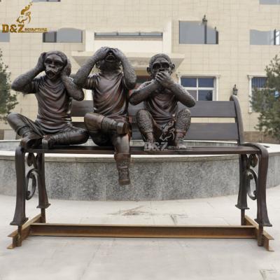 China Europe Customization Garden Decorative Life Size 3 Monkeys Bench Bronze Brass Statue Large for sale