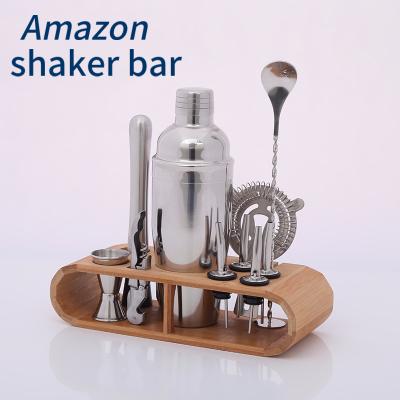 China 750ml Stainless Steel Cocktail Shaker Kit 304 Bartender Tools Cocktail Shaker Set Wooden Stand Stainless Steel Cocktail Shaker Set for sale